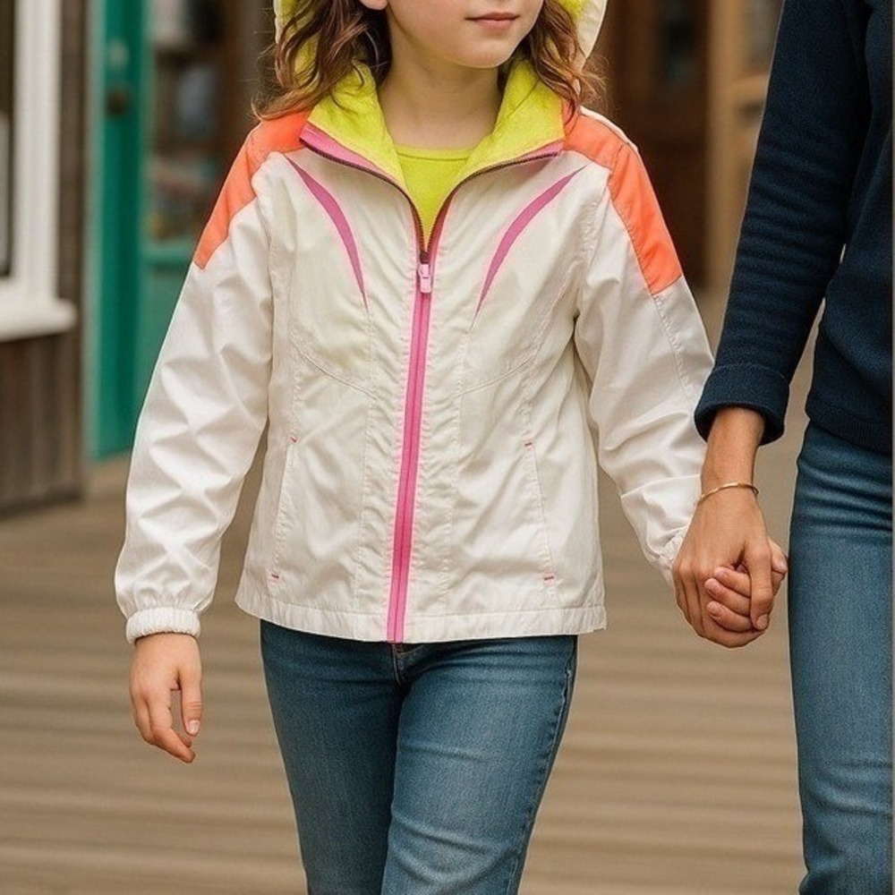London Fog Girls Neon White Hooded Waterproof Windbreaker Jacket
